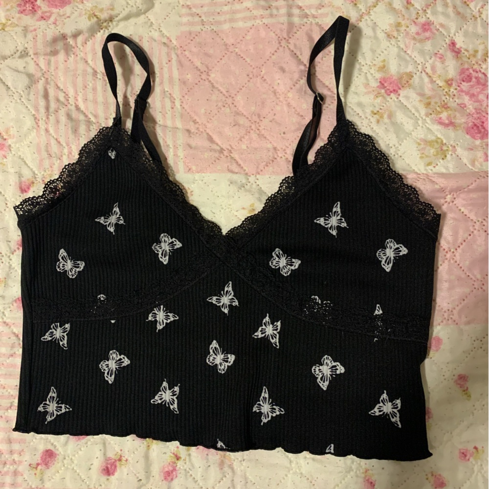 H&M Black With White Butterflies Cropped Tank Top